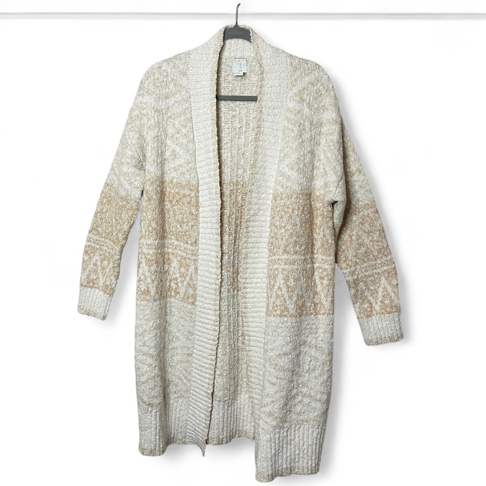 ❌SOLD❌JOIE Open Front Longline Cardigan Nordic Knit Beige, Large - Picture 2 of 10
